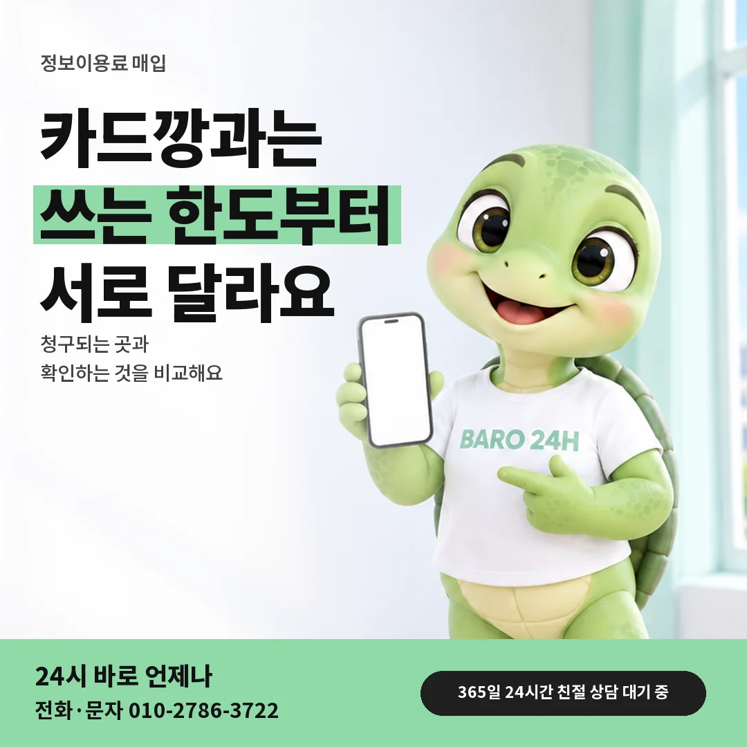 휴대폰을 보며 웃는 BARO 24H 티셔츠를 입은 3D 거북이 캐릭터 옆에 「카드깡과 매입 비교」 제목을 얹은 안내 카드