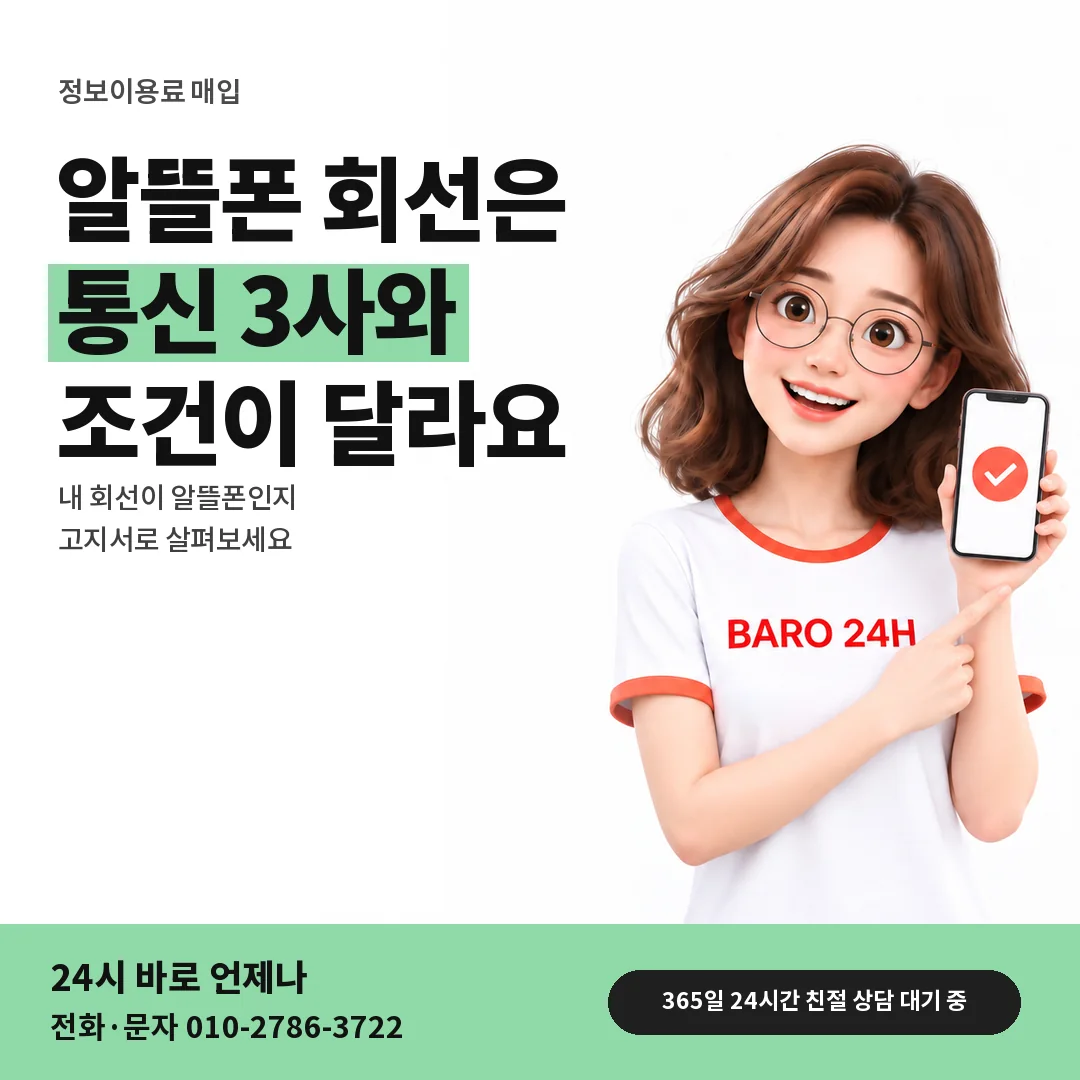 BARO 24H 티셔츠를 입은 3D 인물 옆에 「알뜰폰 회선이라면」 제목을 얹은 안내 카드